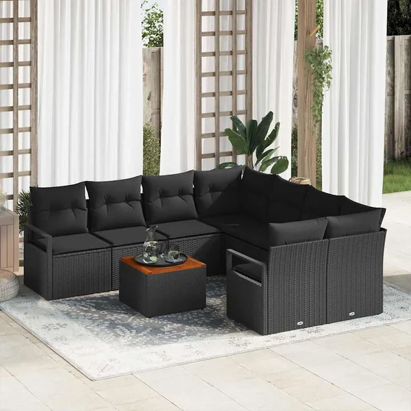 Ensemble de canapé de jardin avec coussin 9 pcs Noir polyrotin