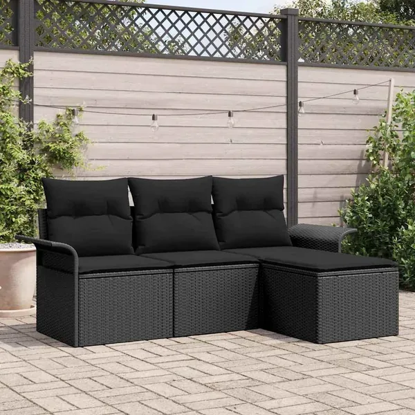 Ensemble de canapé de jardin avec coussin 4 pcs Noir Poly rotin