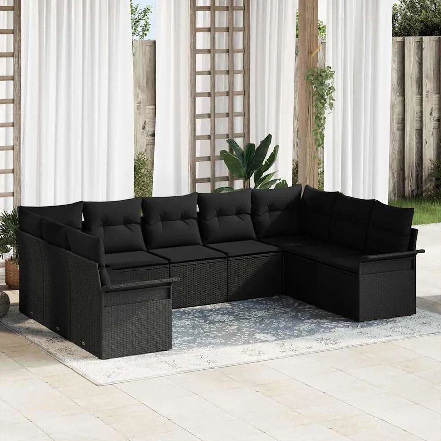 Ensemble de canapé de jardin avec coussin Noir polyrotin