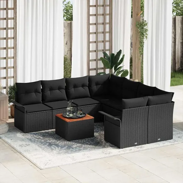 Ensemble de canapé de jardin avec coussin 9 pcs Noir polyrotin