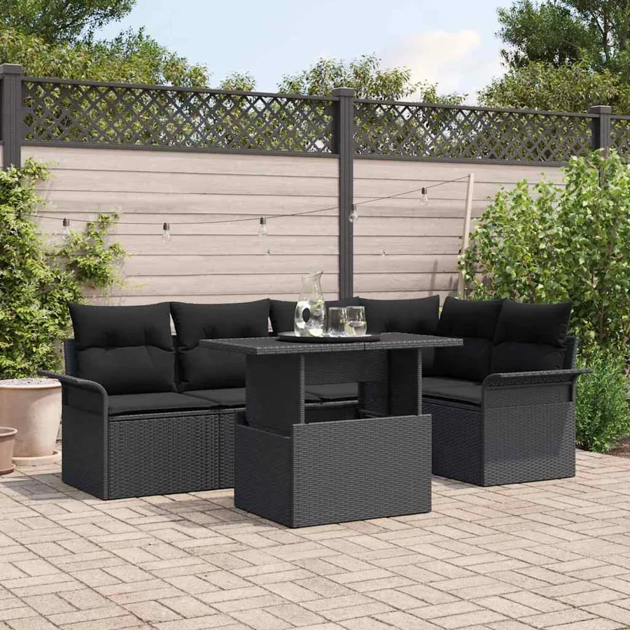 Ensemble de canapé de jardin avec coussin 6 pcs Noir polyrotin