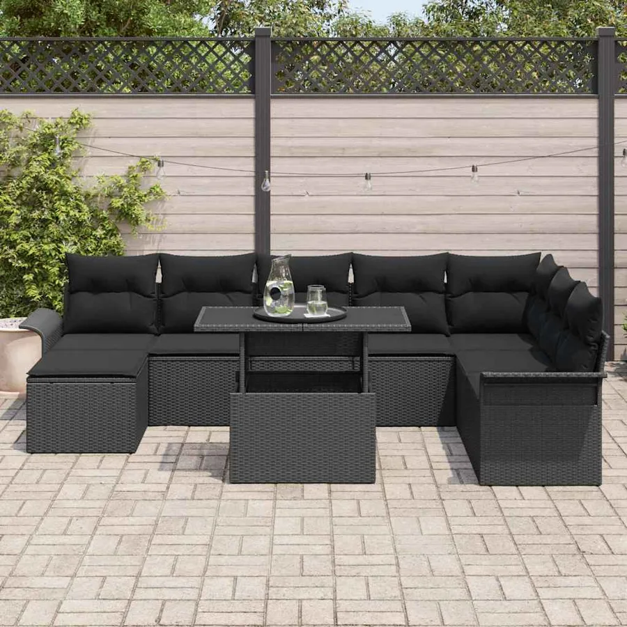 Ensemble de canapé de jardin avec coussin 9 pcs Noir polyrotin - 3
