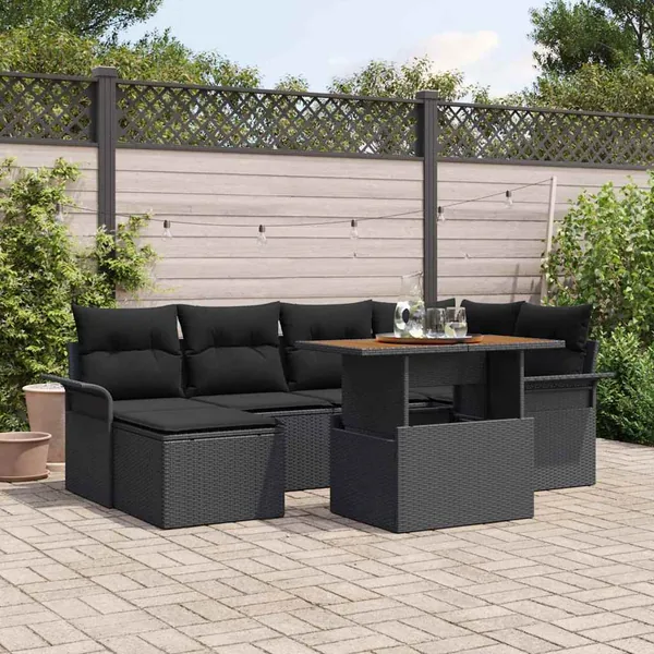 Ensemble de canapé de jardin 7 pcs Noir Poly rotin
