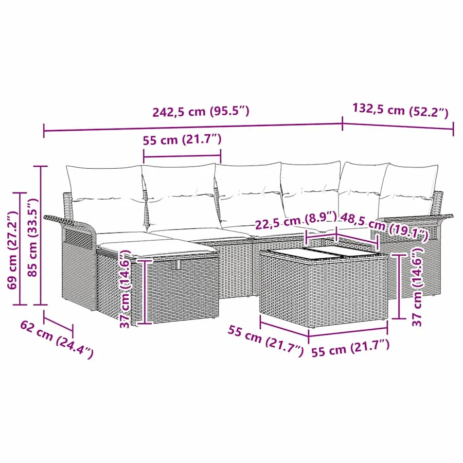 Ensemble de canapé de jardin avec coussin 7 pcs Poly rotin - 15
