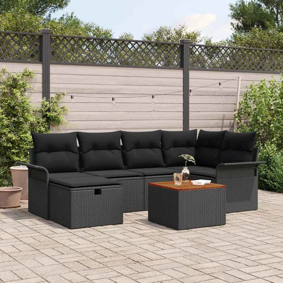 Ensemble de canapé de jardin avec coussin 7 pcs Noir Poly rotin