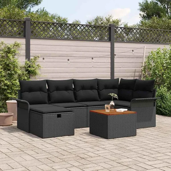 Ensemble de canapé de jardin avec coussin 7 pcs Noir Poly rotin