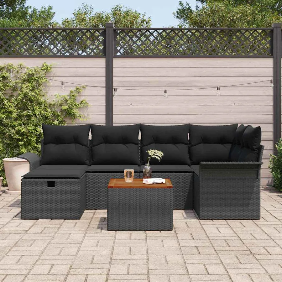 Ensemble de canapé de jardin avec coussin 7 pcs Noir Poly rotin - 3