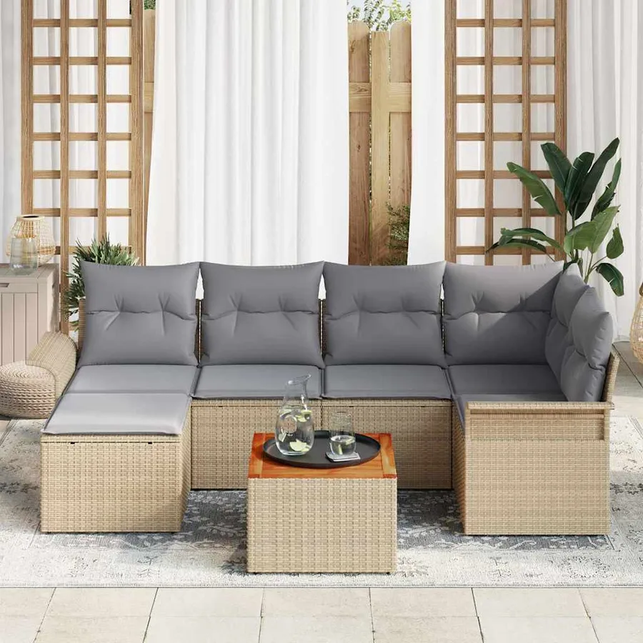 Ensemble de canapé de jardin avec coussin 7 pcs Beige polyrotin - 3