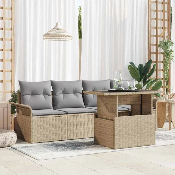 Ensemble de canapé de jardin avec coussin 5 pcs Beige polyrotin