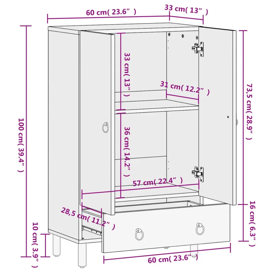 Buffet 60x33x100 cm bois de manguier massif - 12