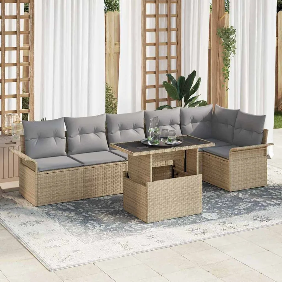Ensemble de canapé de jardin avec coussin 7 pcs Beige polyrotin