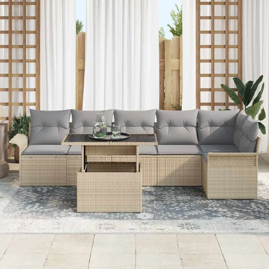 Ensemble de canapé de jardin avec coussin 7 pcs Beige polyrotin - 3