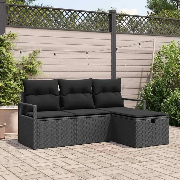 Ensemble de canapé de jardin avec coussin 4 pcs Noir Poly rotin