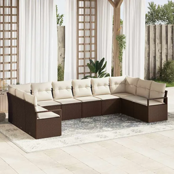 Ensemble de canapé de jardin 10 pcs Marron et blanc polyrotin