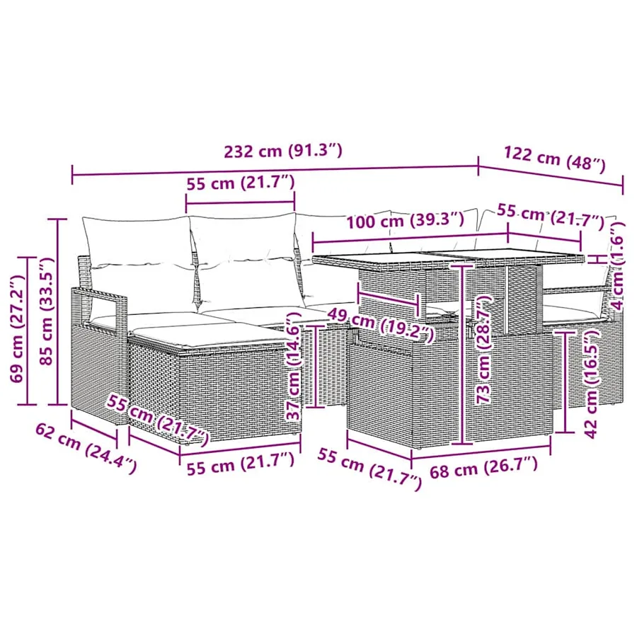 Ensemble de canapé de jardin 7 pcs Marron Poly rotin - 11
