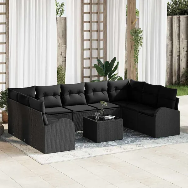 Ensemble de Canapés avec coussin 10 pcs Noir Poly Rattan
