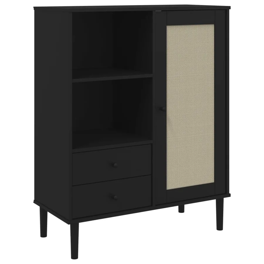 Buffet SENJA aspect rotin noir 90x40x112cm bois massif de pin - 2