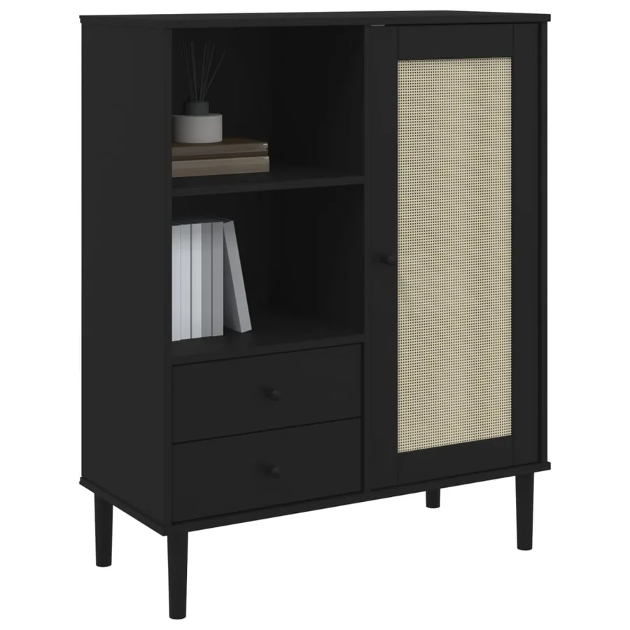 Buffet SENJA aspect rotin noir 90x40x112cm bois massif de pin - 3