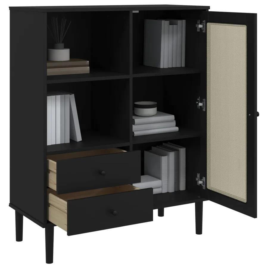Buffet SENJA aspect rotin noir 90x40x112cm bois massif de pin - 4