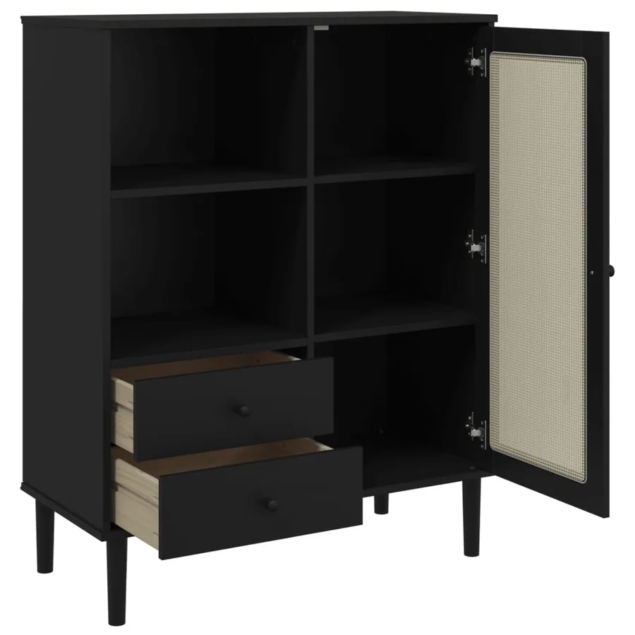 Buffet SENJA aspect rotin noir 90x40x112cm bois massif de pin - 6