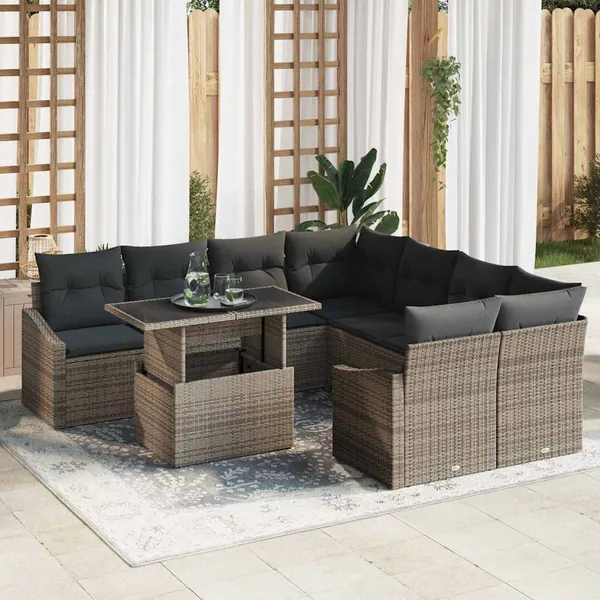 Ensemble de canapé de jardin 9 pcs Gris Poly rotin