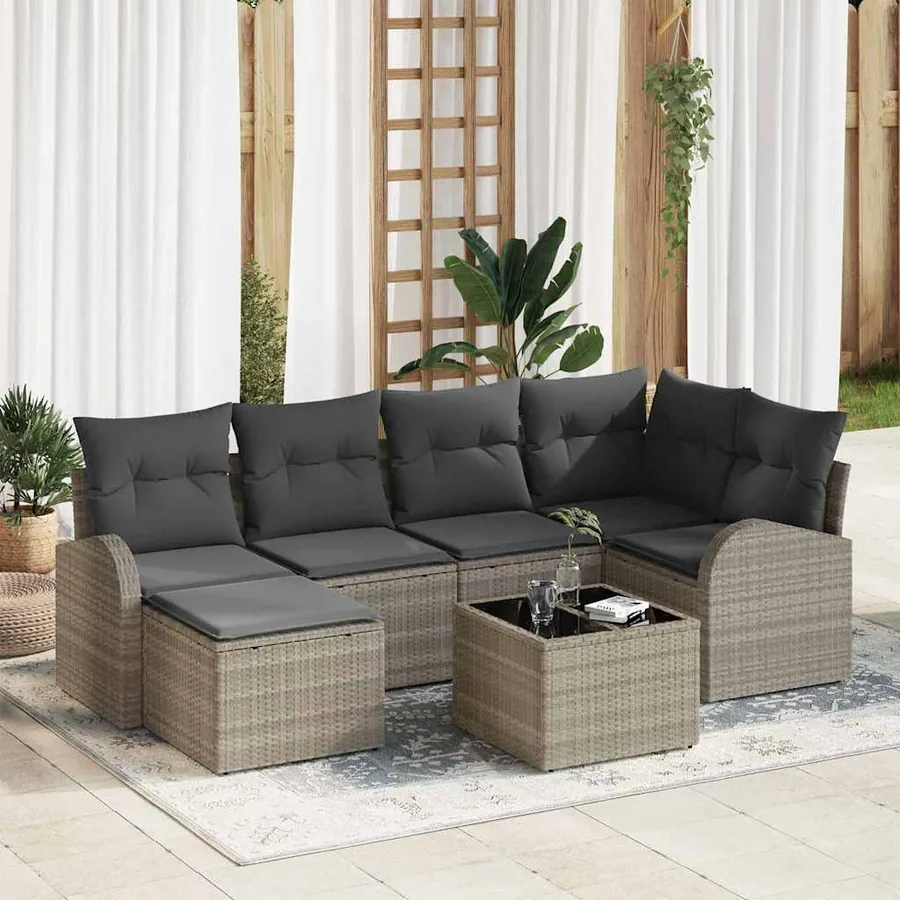 Ensemble de Canapés avec coussin 7 pcs Gris clair polyrotin
