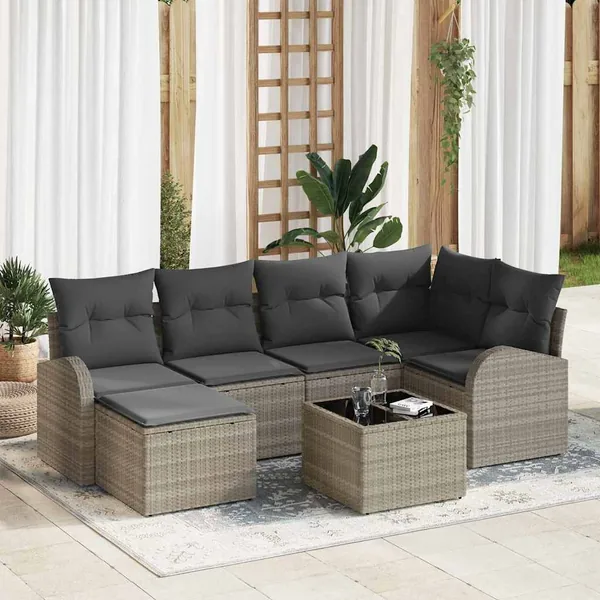 Ensemble de Canapés avec coussin 7 pcs Gris clair polyrotin