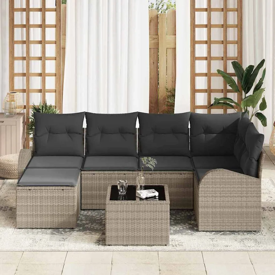 Ensemble de Canapés avec coussin 7 pcs Gris clair polyrotin - 3