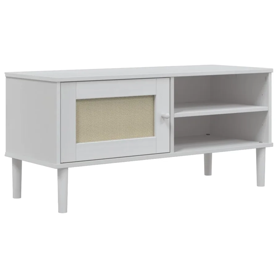 Meuble TV SENJA aspect rotin blanc 106x40x49cm bois massif pin - 2