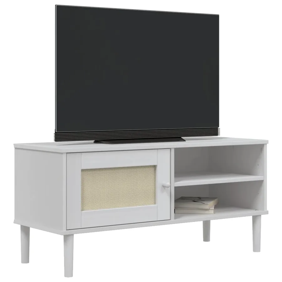 Meuble TV SENJA aspect rotin blanc 106x40x49cm bois massif pin - 3
