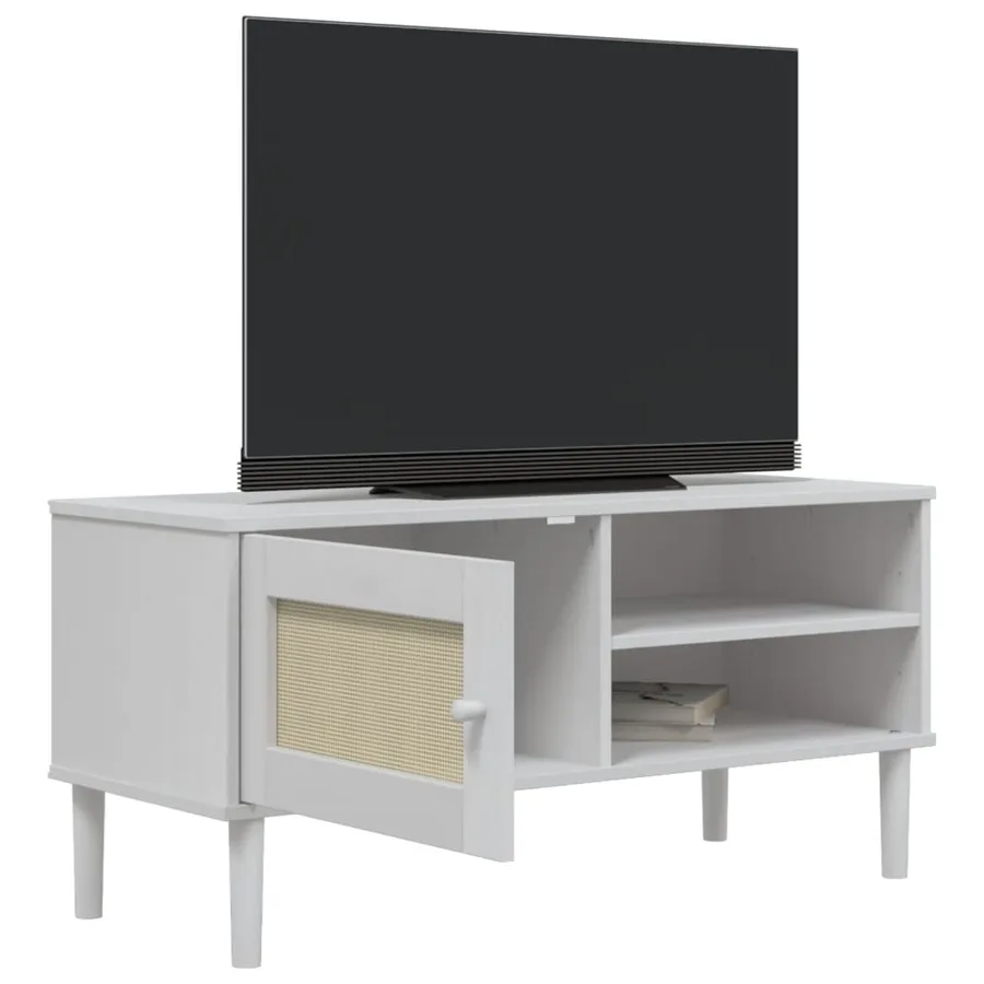 Meuble TV SENJA aspect rotin blanc 106x40x49cm bois massif pin - 4