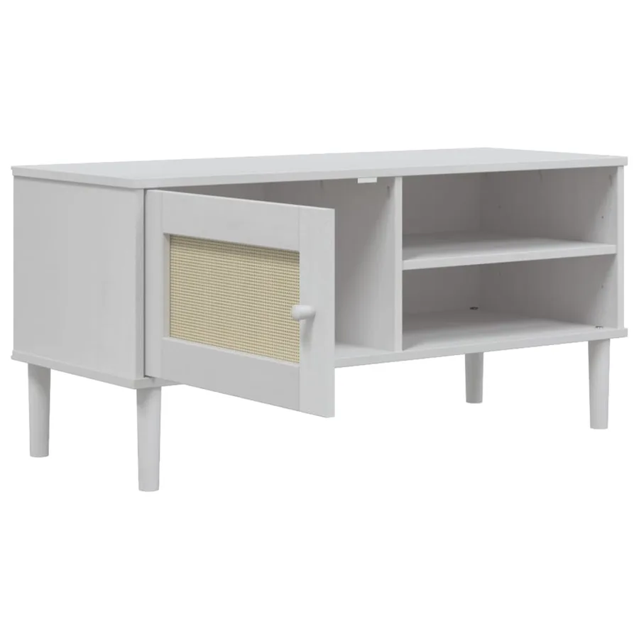 Meuble TV SENJA aspect rotin blanc 106x40x49cm bois massif pin - 6