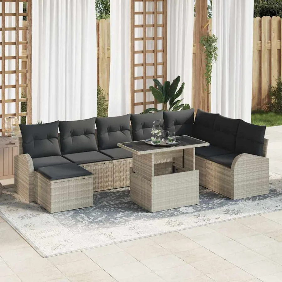 Ensemble de canapé de jardin 9 pcs Gris clair Poly rotin