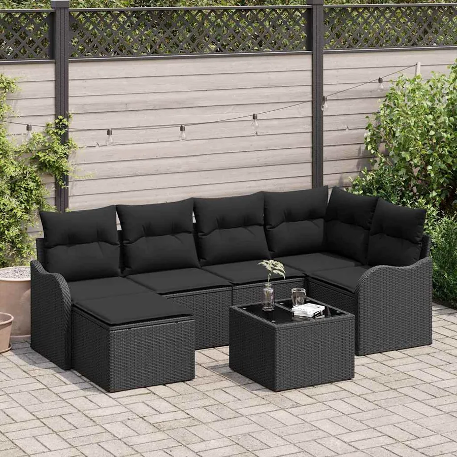 Ensemble de canapé de jardin avec coussin 7 pcs Noir Poly rotin