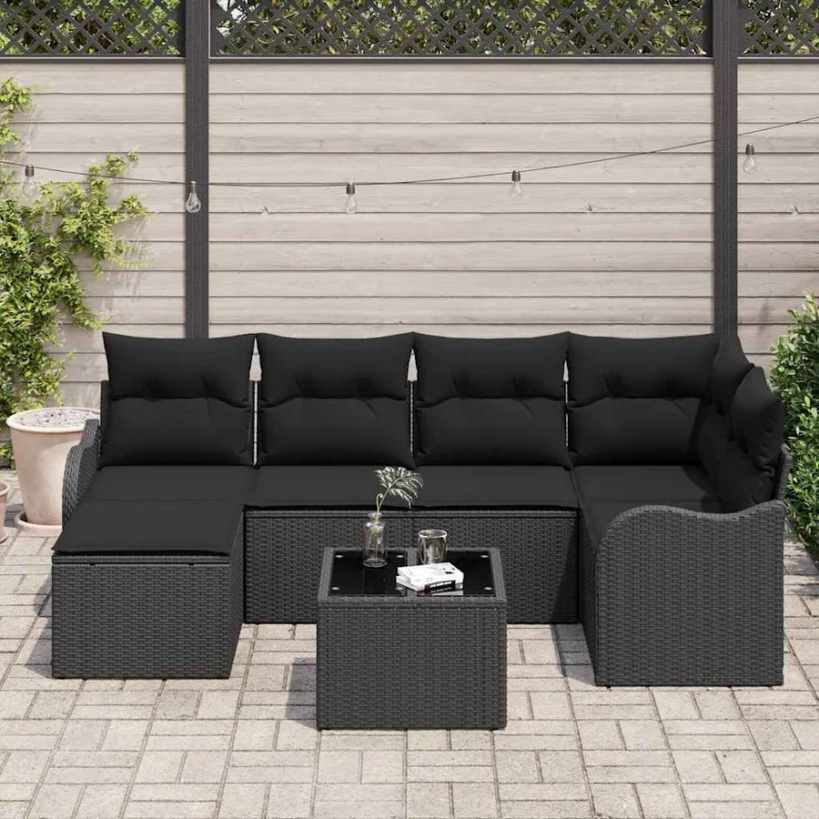Ensemble de canapé de jardin avec coussin 7 pcs Noir Poly rotin - 3
