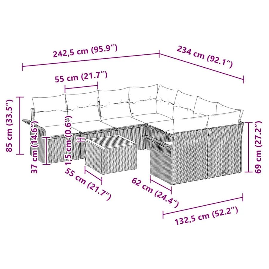 Ensemble de canapé de jardin avec coussin 9 pcs Noir polyrotin - 9