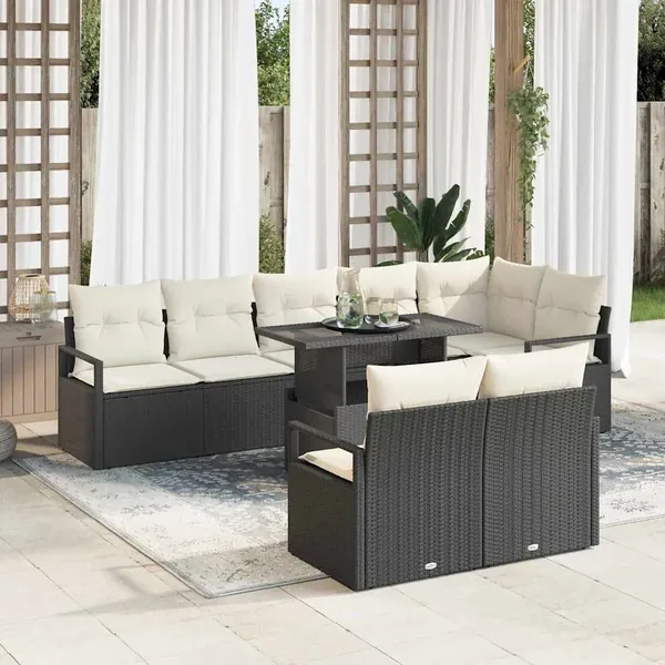 Ensemble de canapé de jardin 9 pcs Noir et Crème polyrotin