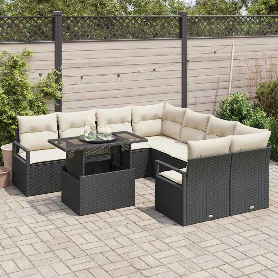 Ensemble de canapé de jardin 9 pcs Noir et Crème polyrotin - 3