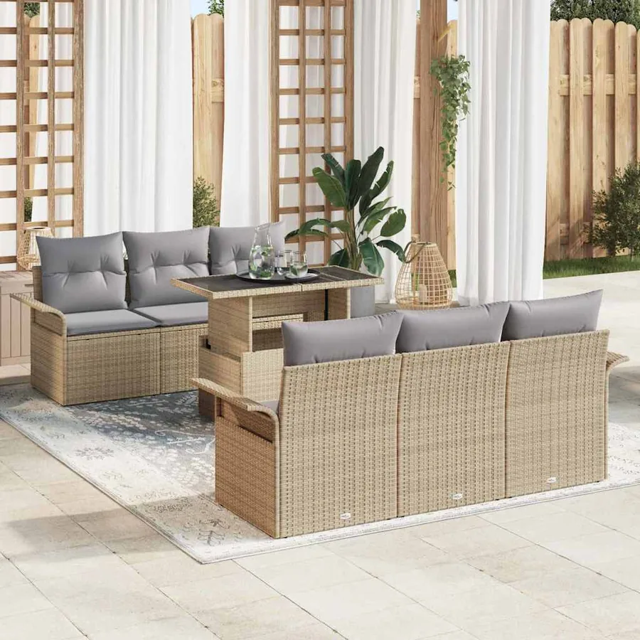 Ensemble de canapé de jardin 7 pcs Beige Poly Rattan