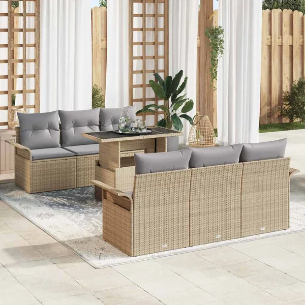 Ensemble de canapé de jardin 7 pcs Beige Poly Rattan