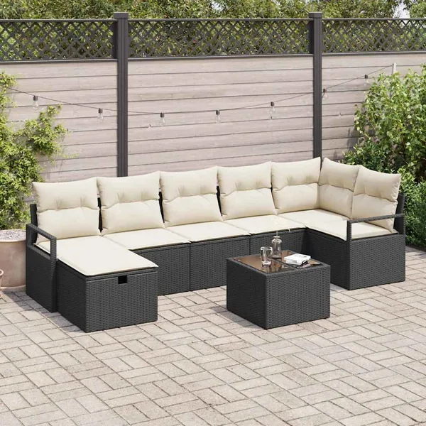 Ensemble de Canapés avec coussin 8 pcs Noir et Crème polyrotin