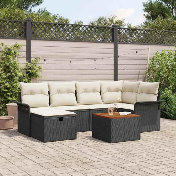 Ensemble de canapé de jardin avec coussin 7 pcs Noir polyrotin