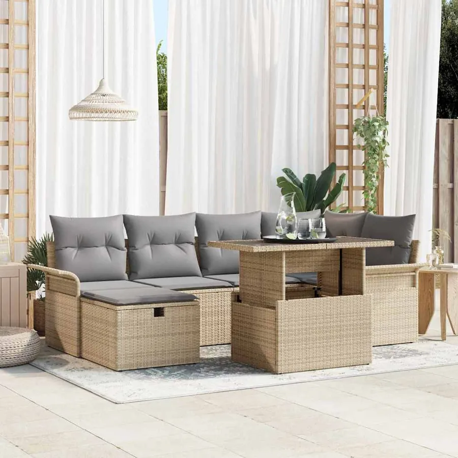Ensemble de canapé de jardin 7 pcs Beige Poly rotin