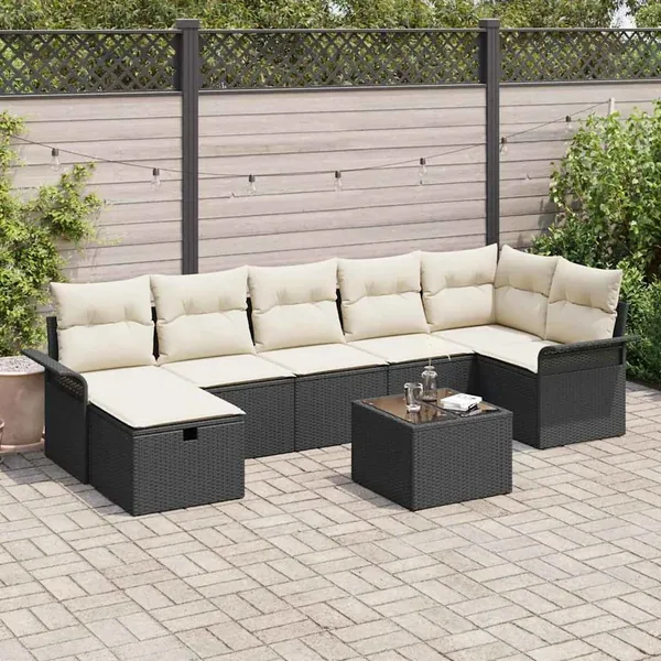 Ensemble de canapé de jardin 8 pcs Noir et Crème polyrotin