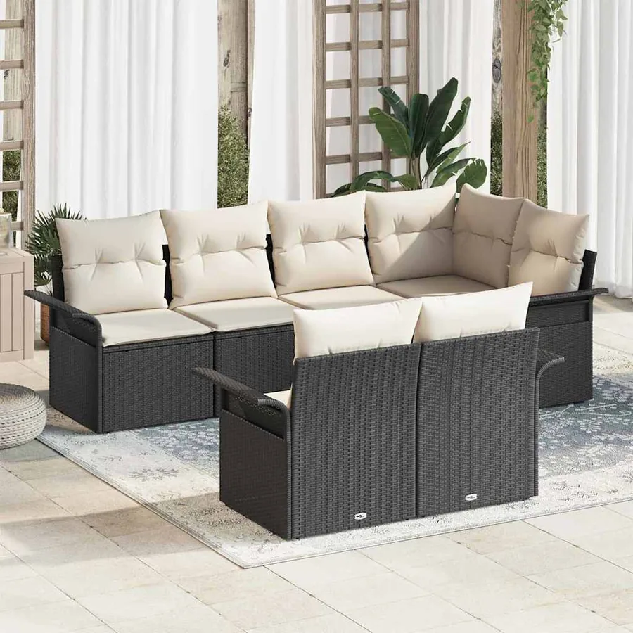 Ensemble de canapé de jardin avec coussin 7 pcs Noir polyrotin