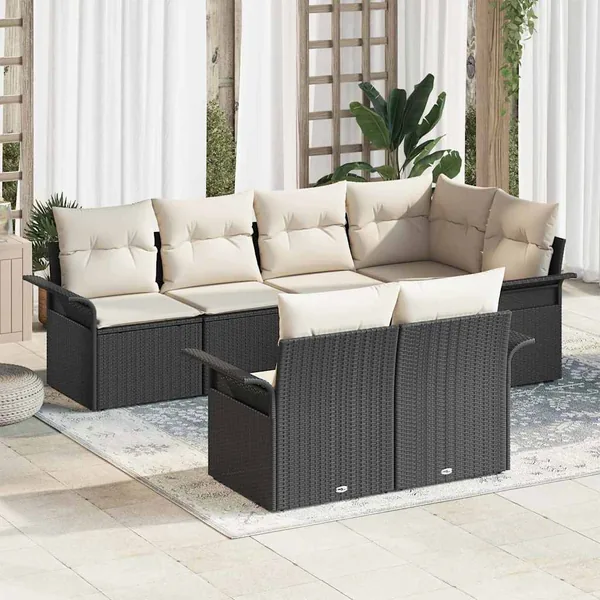 Ensemble de canapé de jardin avec coussin 7 pcs Noir polyrotin