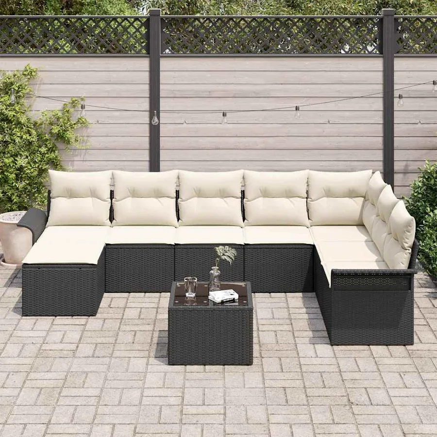 Ensemble de canapé de jardin avec coussin 9 pcs Noir Poly rotin - 3