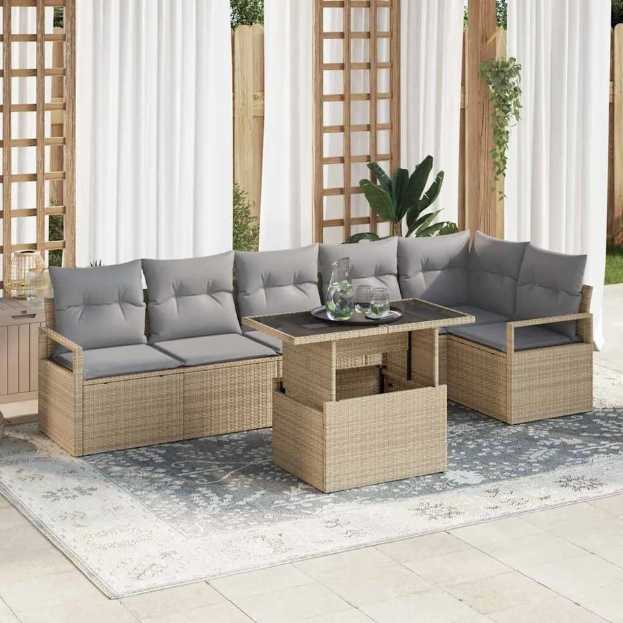 Ensemble de canapé de jardin 7 pcs Beige Poly rotin