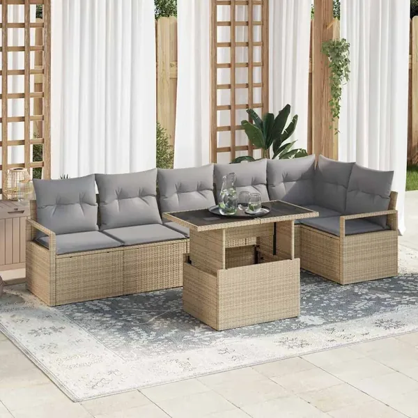 Ensemble de canapé de jardin 7 pcs Beige Poly rotin