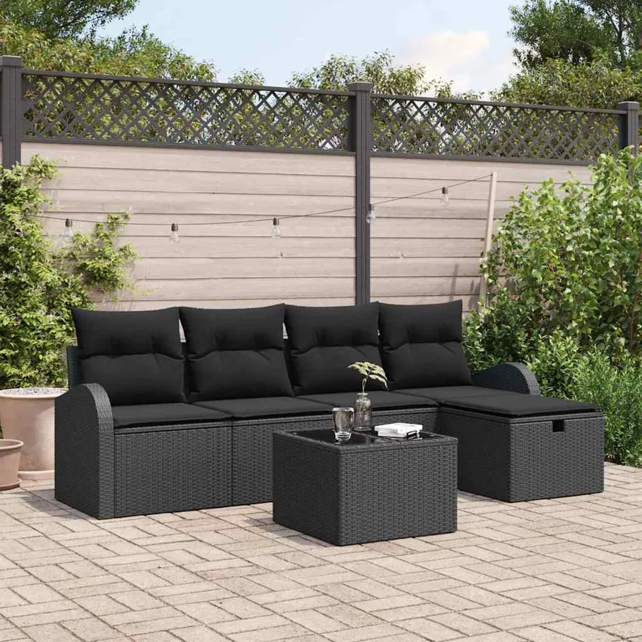 Ensemble de canapé de jardin avec coussin 6 pcs Noir Poly rotin